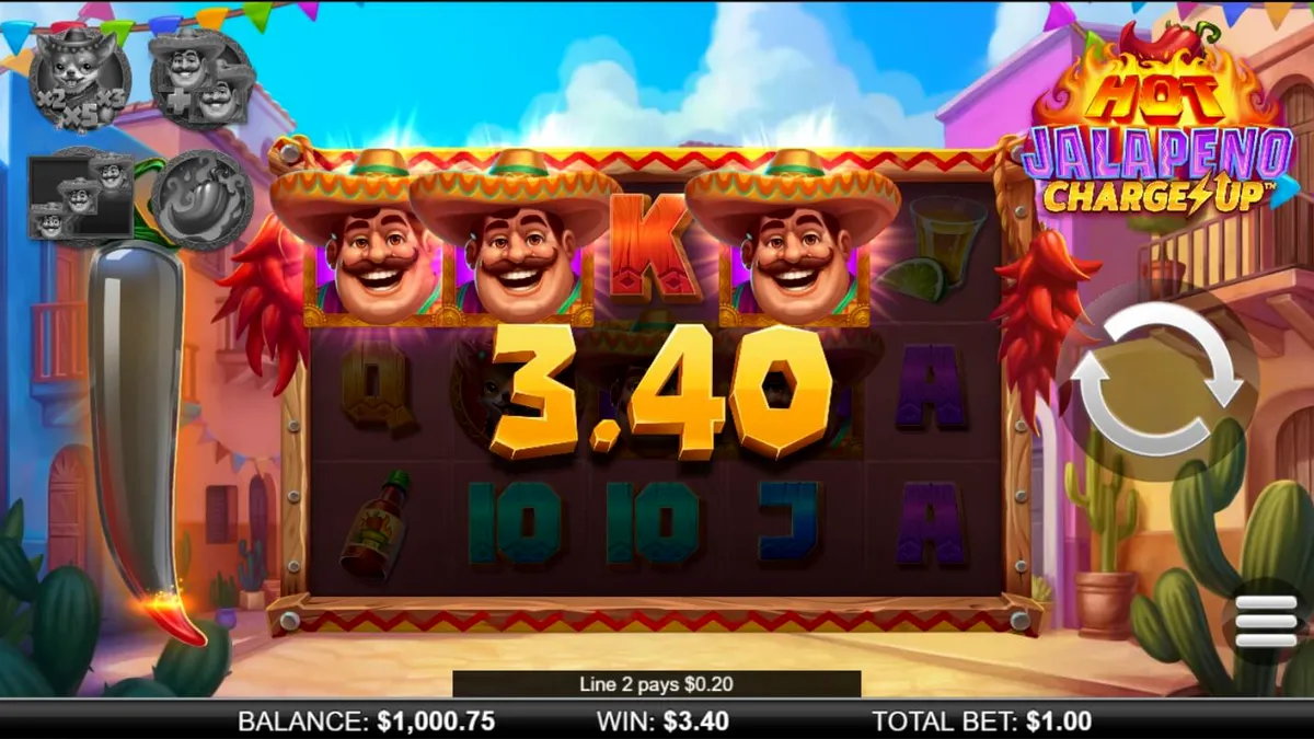 Isang makulay na Mexican fiesta themed slot machine na may mga simbolo ng tequila at chihuahua.