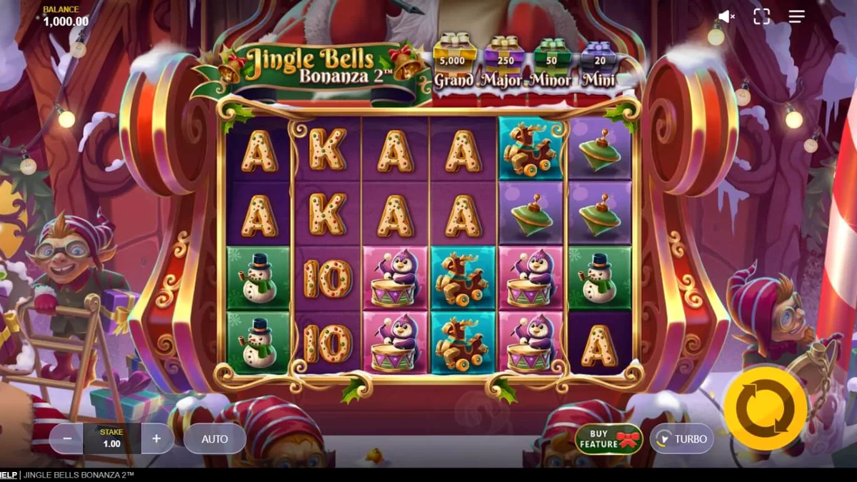 Visual na presentasyon ng Jingle Bells Bonanza 2 slot na may temang Pasko at niyebe