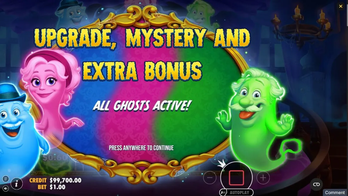 Isang makulay at cartoonish na haunted manor theme sa Great Ghosts slot.